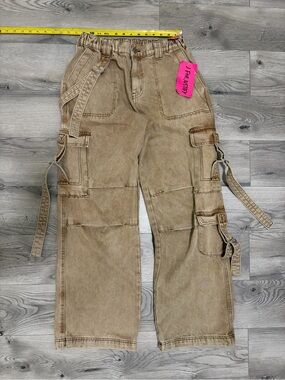 J for Justify Tan Wide-Leg Cargo Jeans with Utility Straps